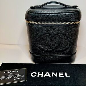 Vintage Chanel Tall Vanity Bag In Black Caviar Leather W CC Logo & Gold Accents